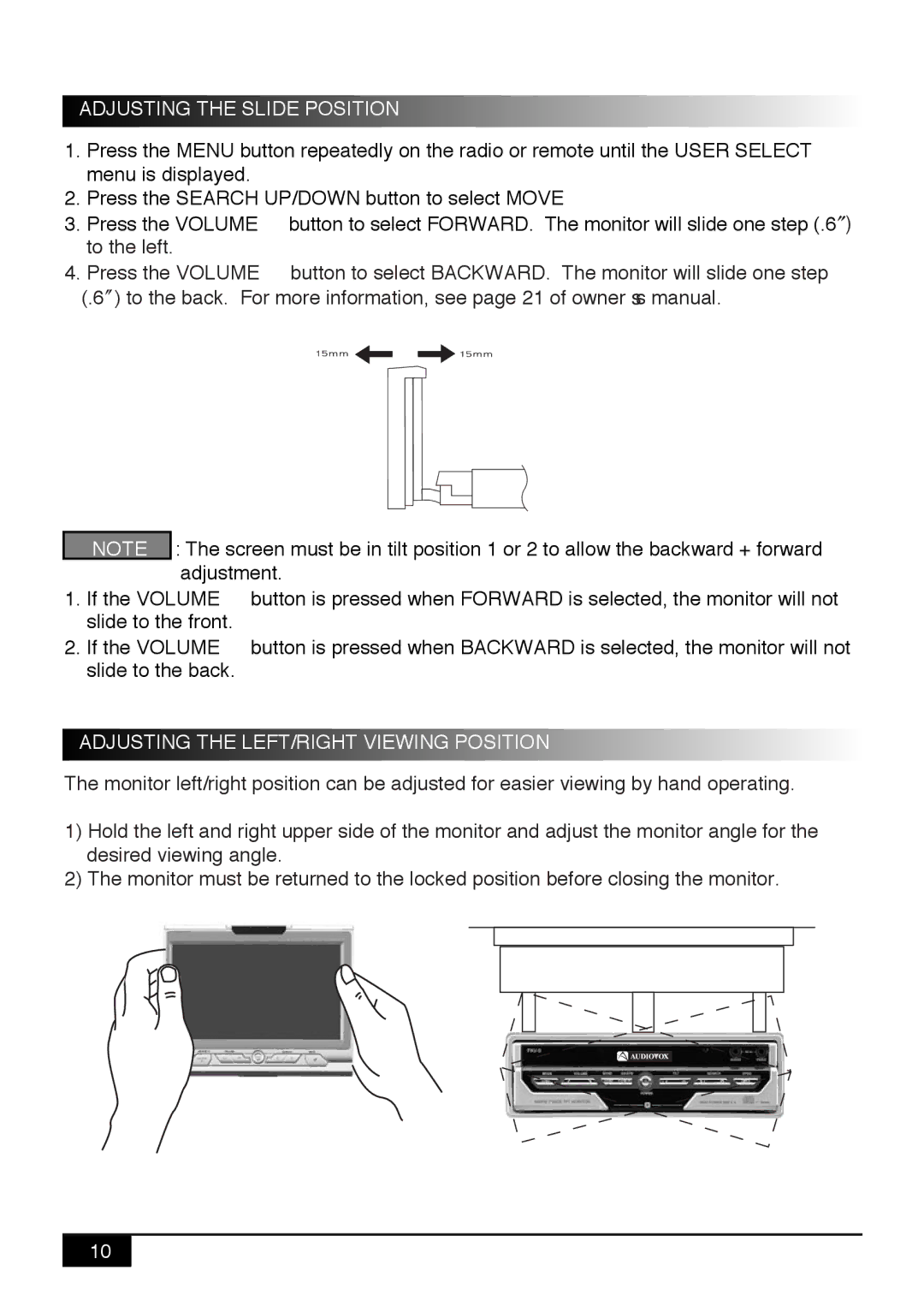 Audiovox PAV9 manual Adjusting the Slide Position 