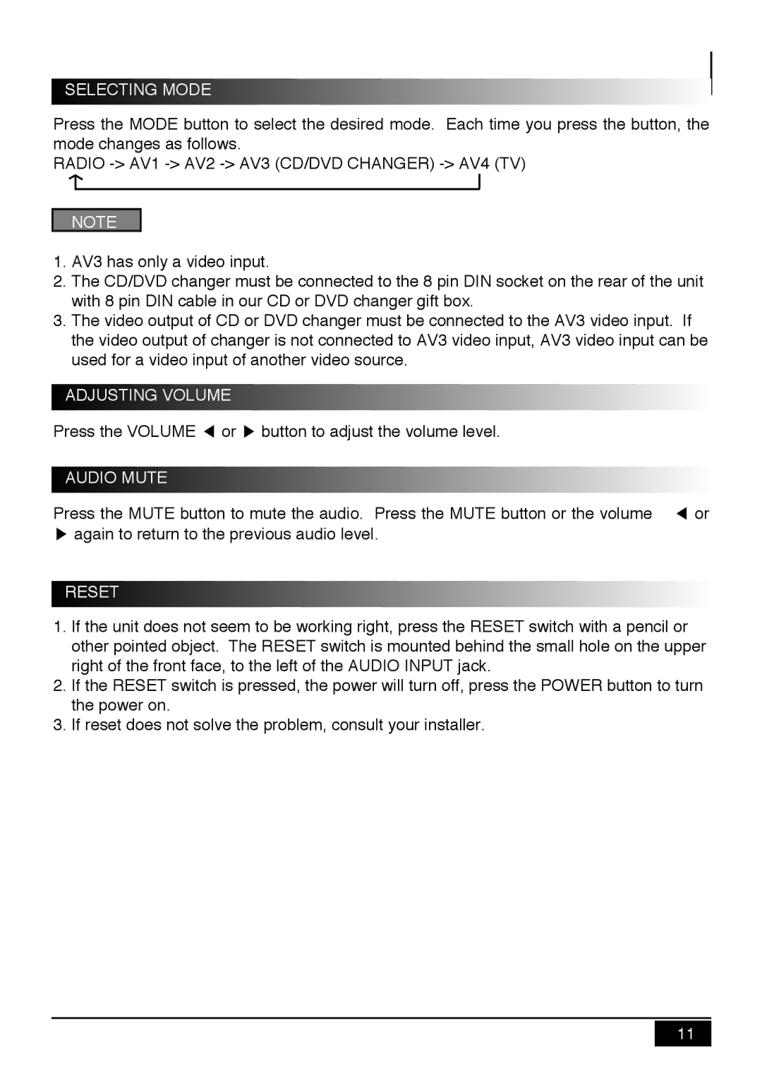 Audiovox PAV9 manual Selecting Mode, Reset 