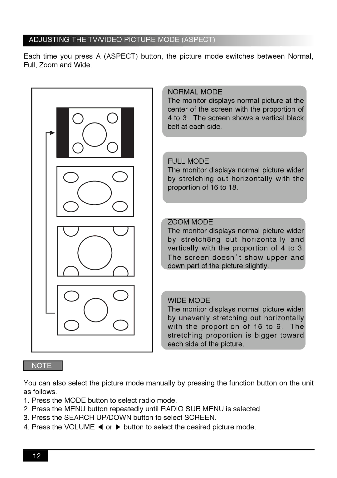 Audiovox PAV9 manual Adjusting the TV/VIDEO Picture Mode Aspect, Normal Mode, Full Mode, Zoom Mode, Wide Mode 