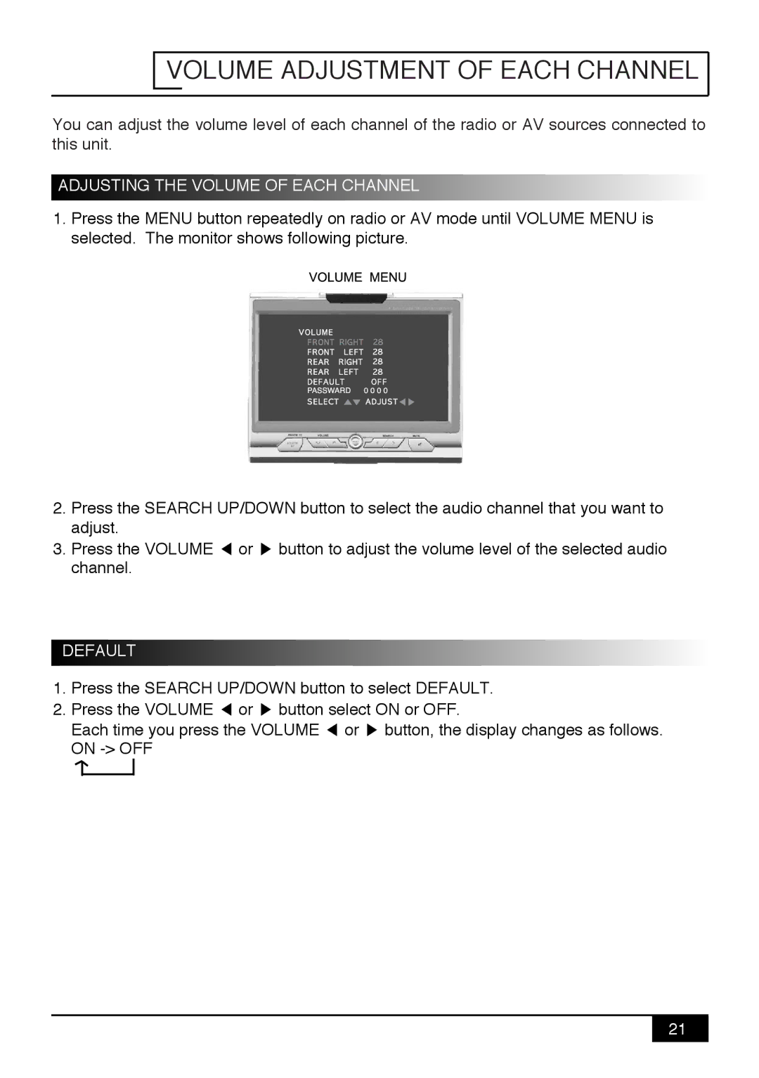 Audiovox PAV9 manual Volume Adjustment of Each Channel, Adjusting the Volume of Each Channel 