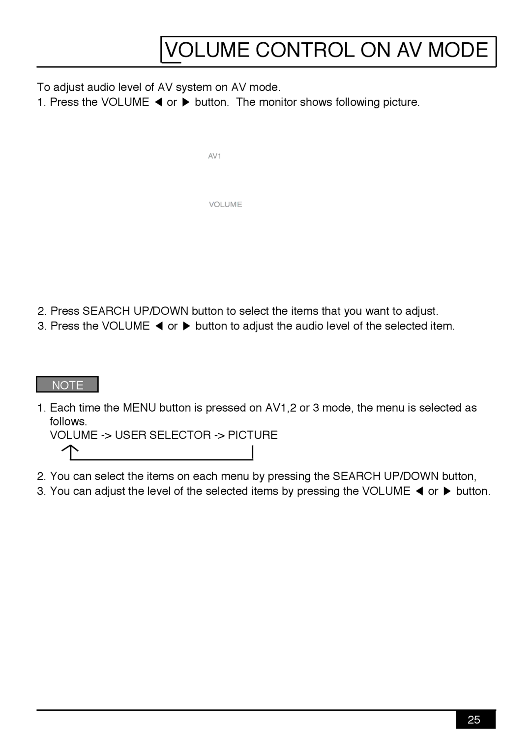 Audiovox PAV9 manual Volume Control on AV Mode, Volume User Selector Picture 