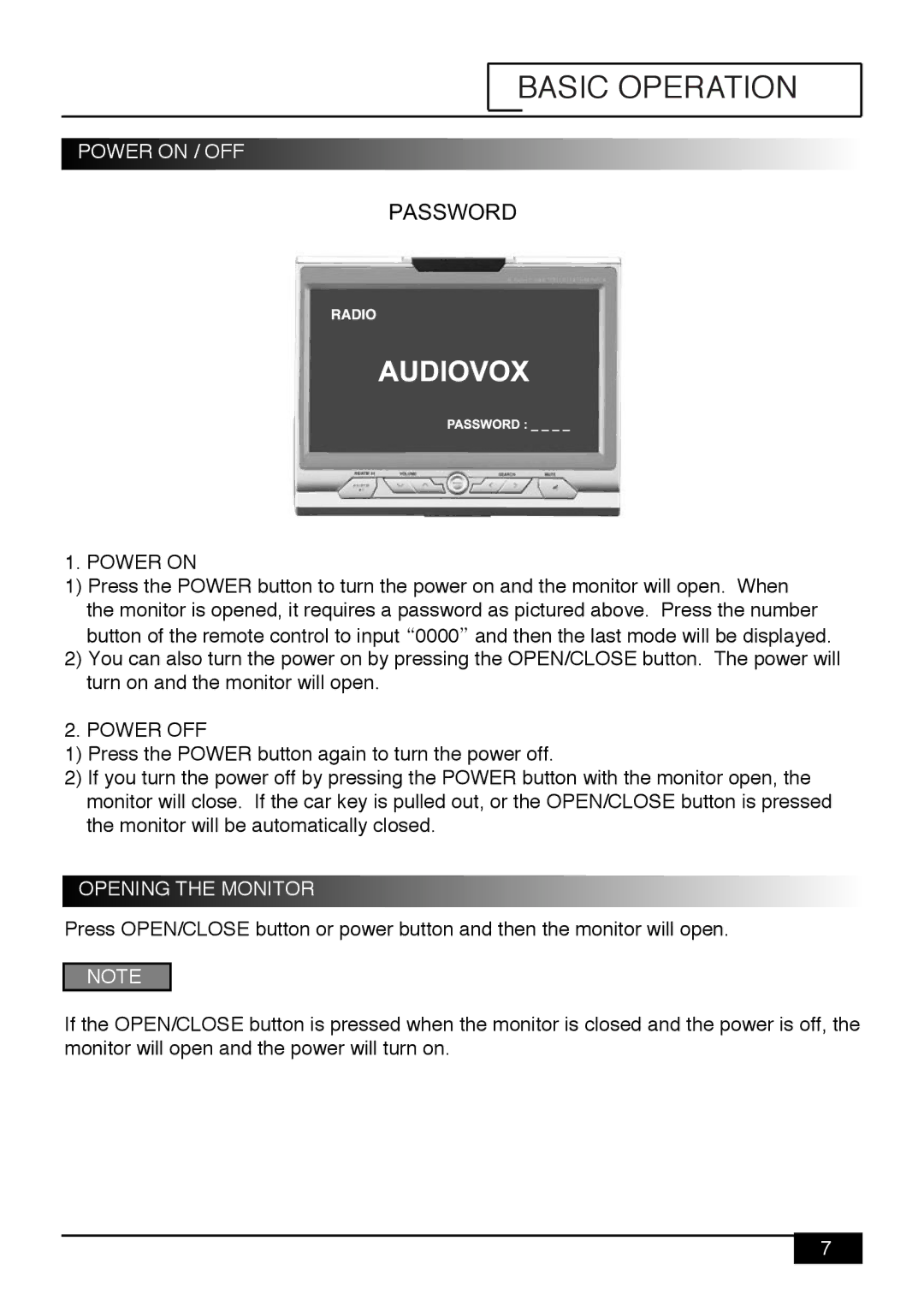 Audiovox PAV9 manual Basic Operation, Power on / OFF, Power OFF 