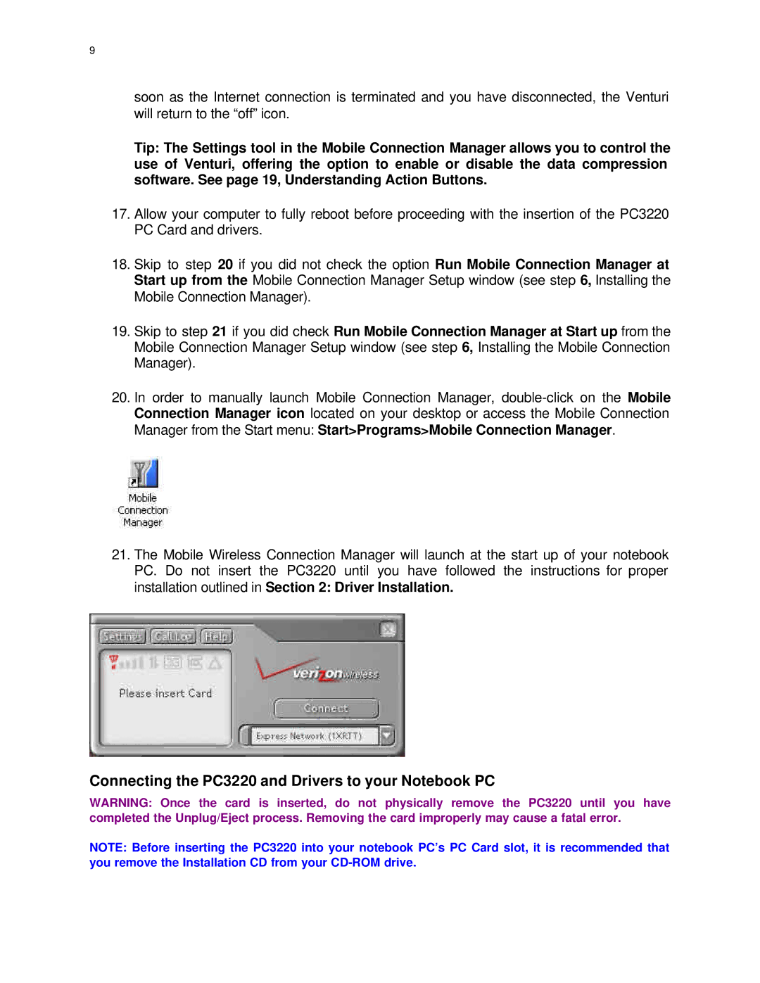 Audiovox PC 3220 manual Connecting the PC3220 and Drivers to your Notebook PC 