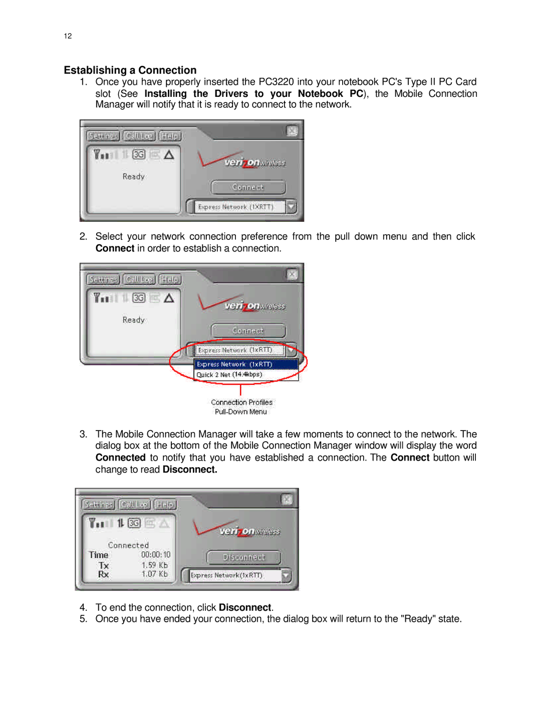 Audiovox PC 3220 manual Establishing a Connection 