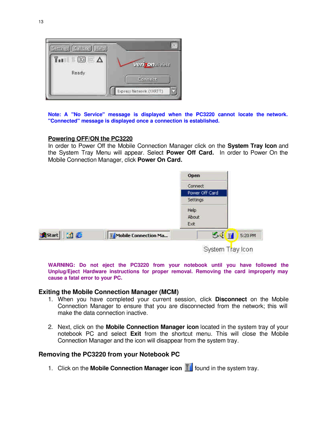 Audiovox PC 3220 manual Exiting the Mobile Connection Manager MCM, Removing the PC3220 from your Notebook PC 