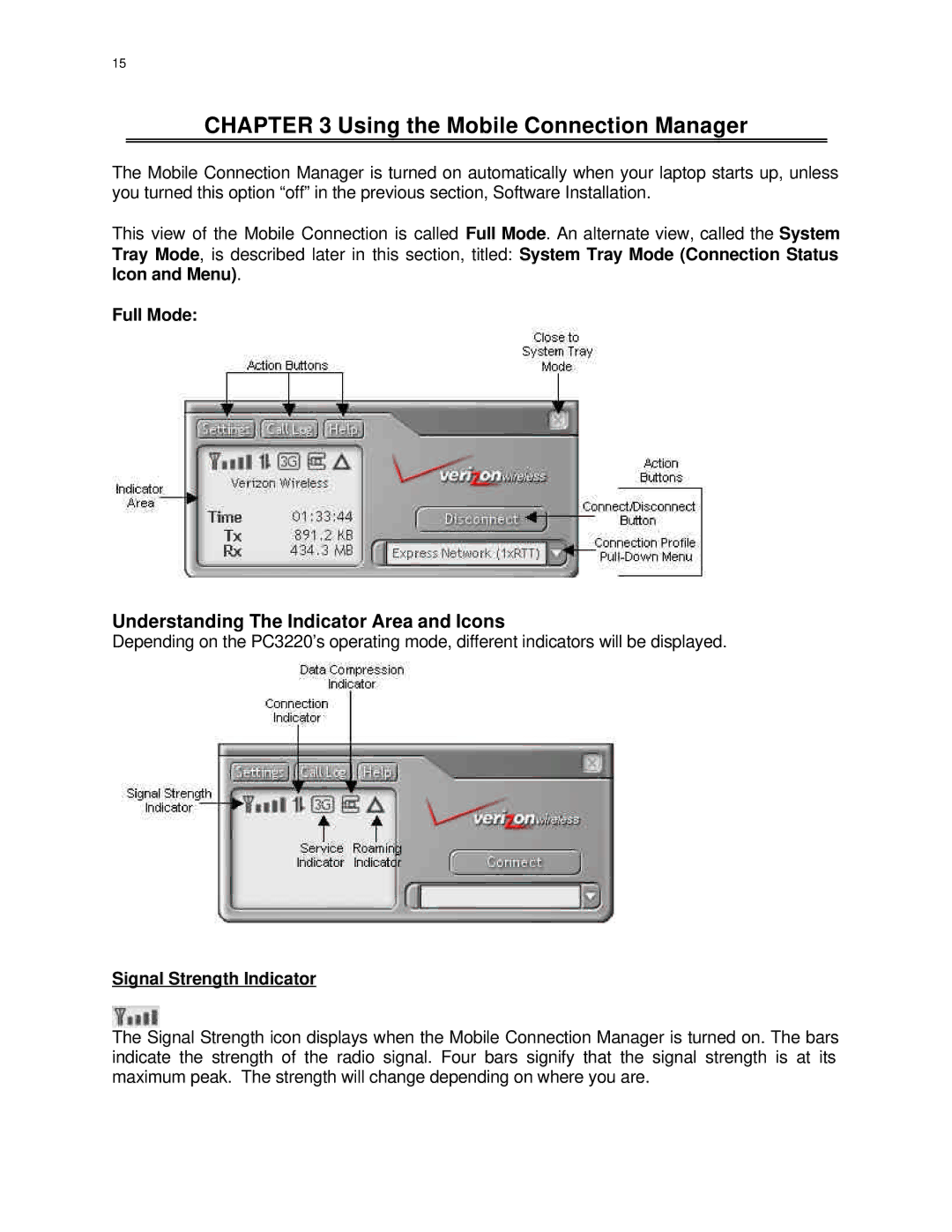 Audiovox PC 3220 manual Using the Mobile Connection Manager, Understanding The Indicator Area and Icons, Full Mode 