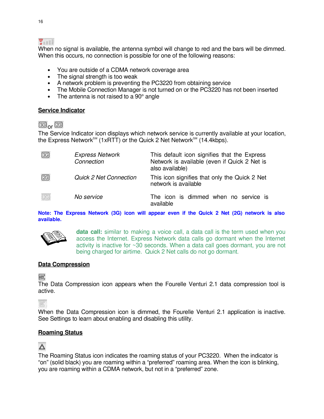 Audiovox PC 3220 manual Service Indicator, Data Compression, Roaming Status 