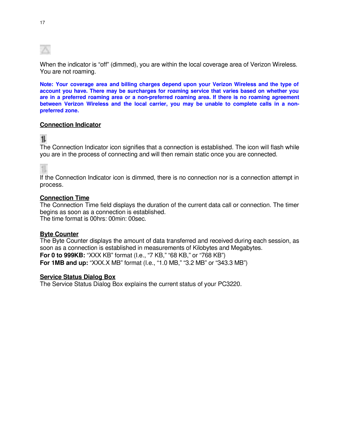 Audiovox PC 3220 manual Connection Indicator, Connection Time, Byte Counter, Service Status Dialog Box 