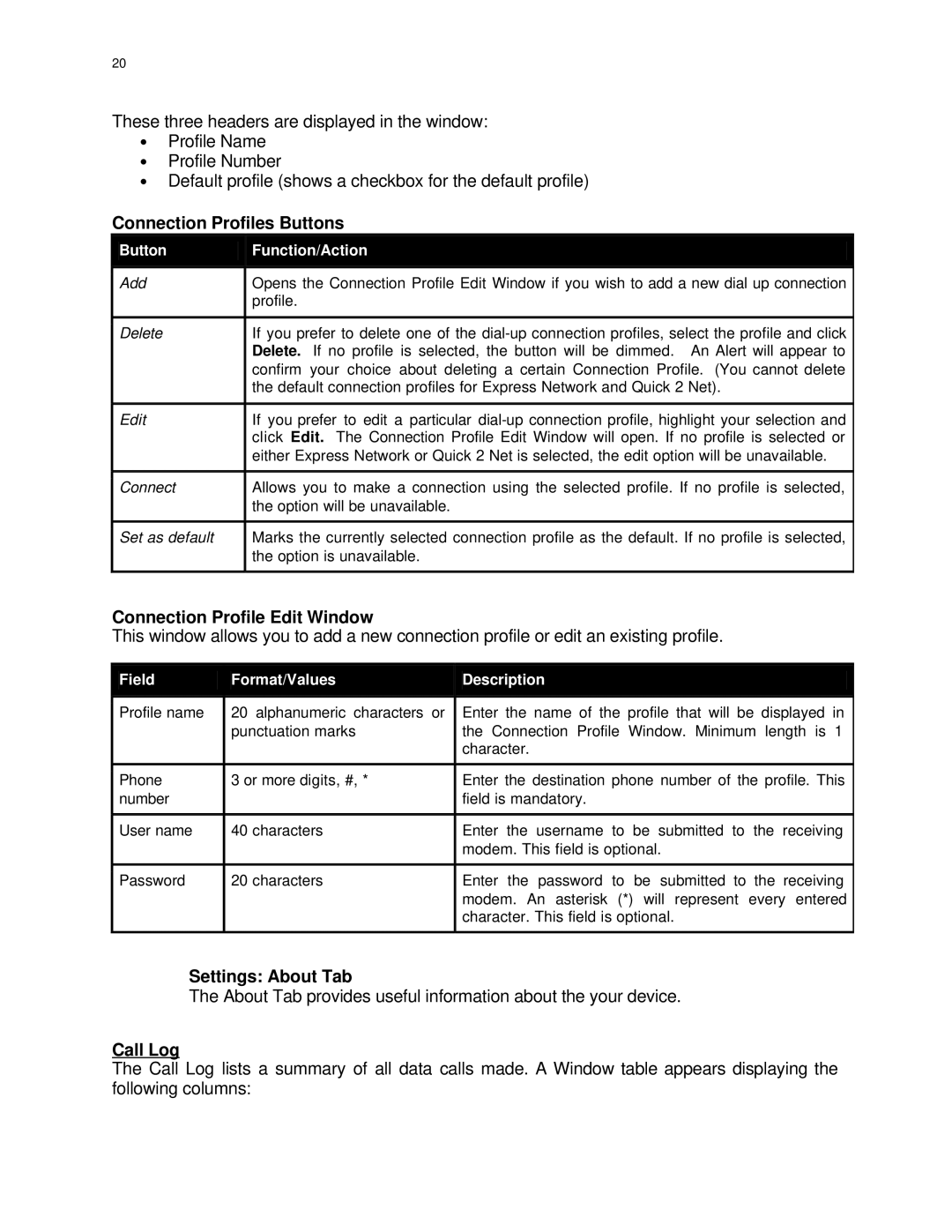 Audiovox PC 3220 manual Connection Profiles Buttons, Connection Profile Edit Window, Settings About Tab, Call Log 