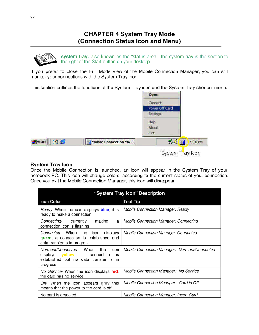 Audiovox PC 3220 manual System Tray Mode Connection Status Icon and Menu, System Tray Icon 