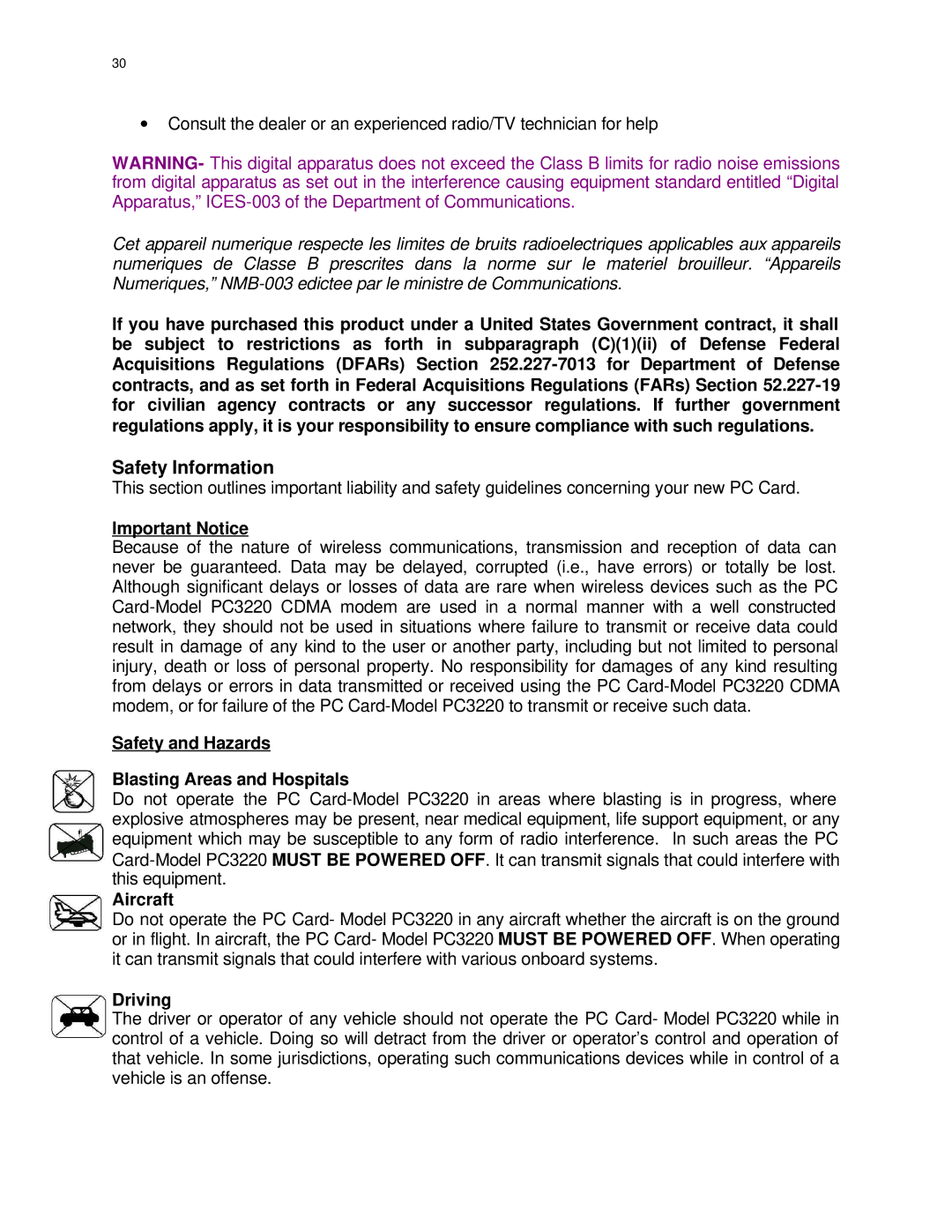 Audiovox PC 3220 Safety Information, Important Notice, Safety and Hazards Blasting Areas and Hospitals, Aircraft, Driving 