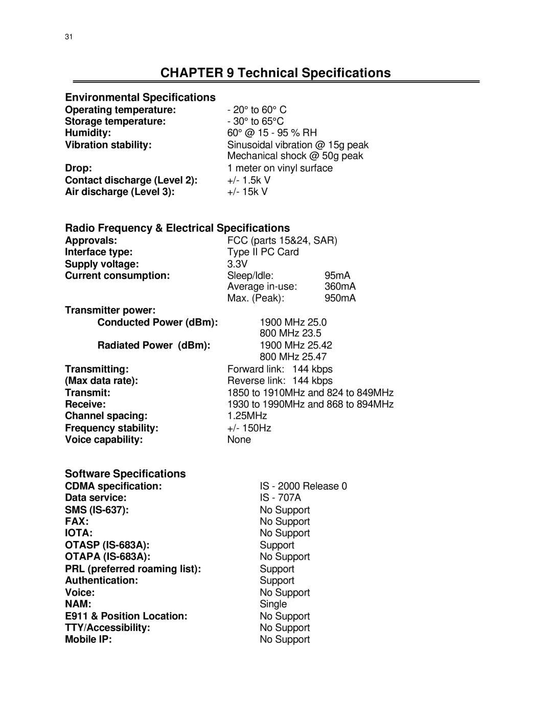 Audiovox PC 3220 manual Technical Specifications, Environmental Specifications, Radio Frequency & Electrical Specifications 