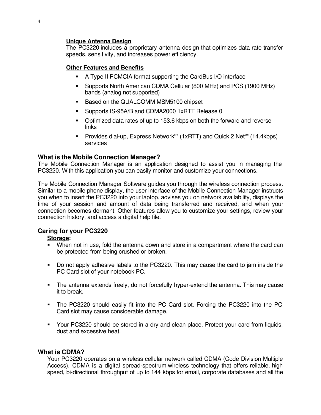 Audiovox PC 3220 manual What is the Mobile Connection Manager?, Caring for your PC3220, What is CDMA? 