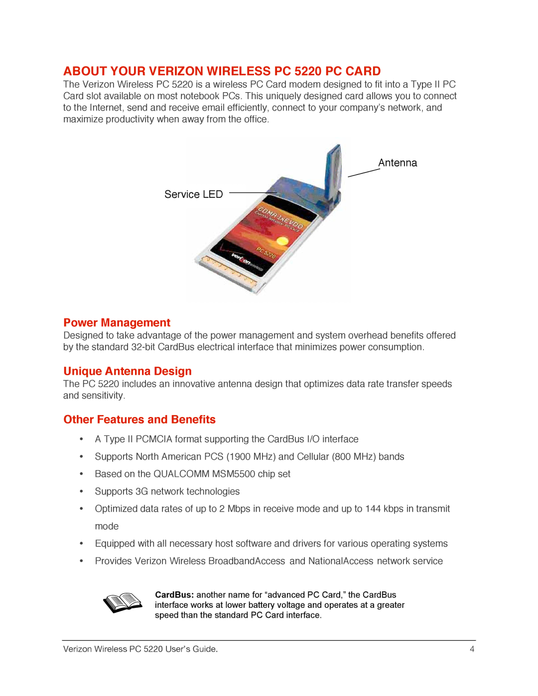 Audiovox manual About Your Verizon Wireless PC 5220 PC Card, Power Management, Unique Antenna Design 