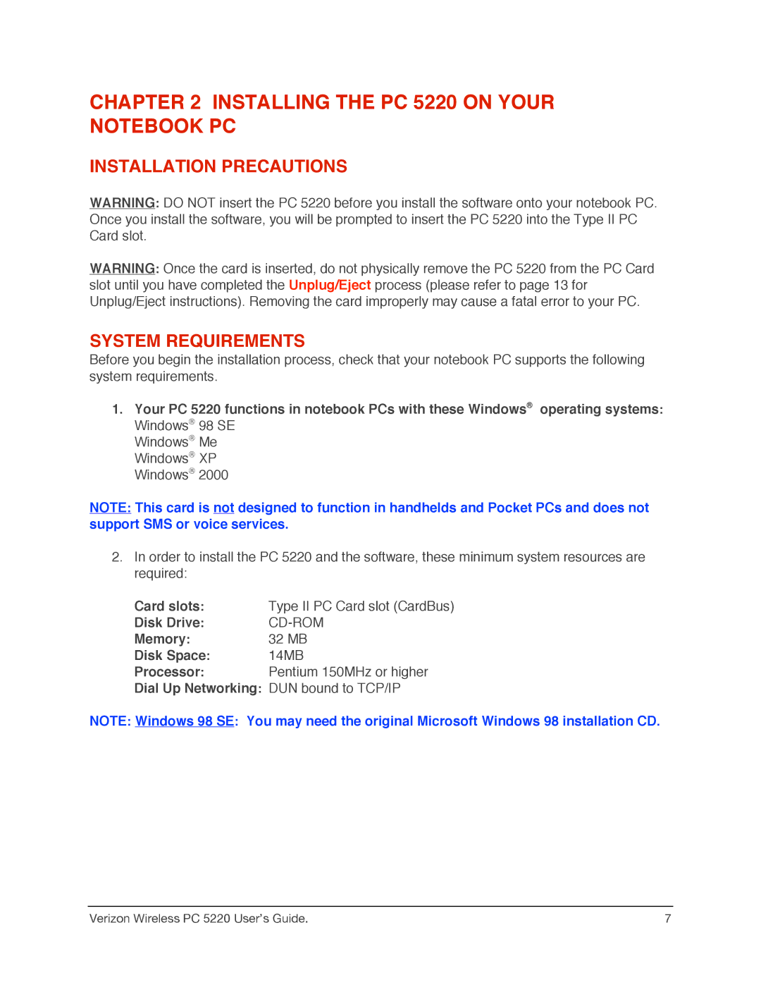 Audiovox manual Installing the PC 5220 on Your Notebook PC, Installation Precautions System Requirements 