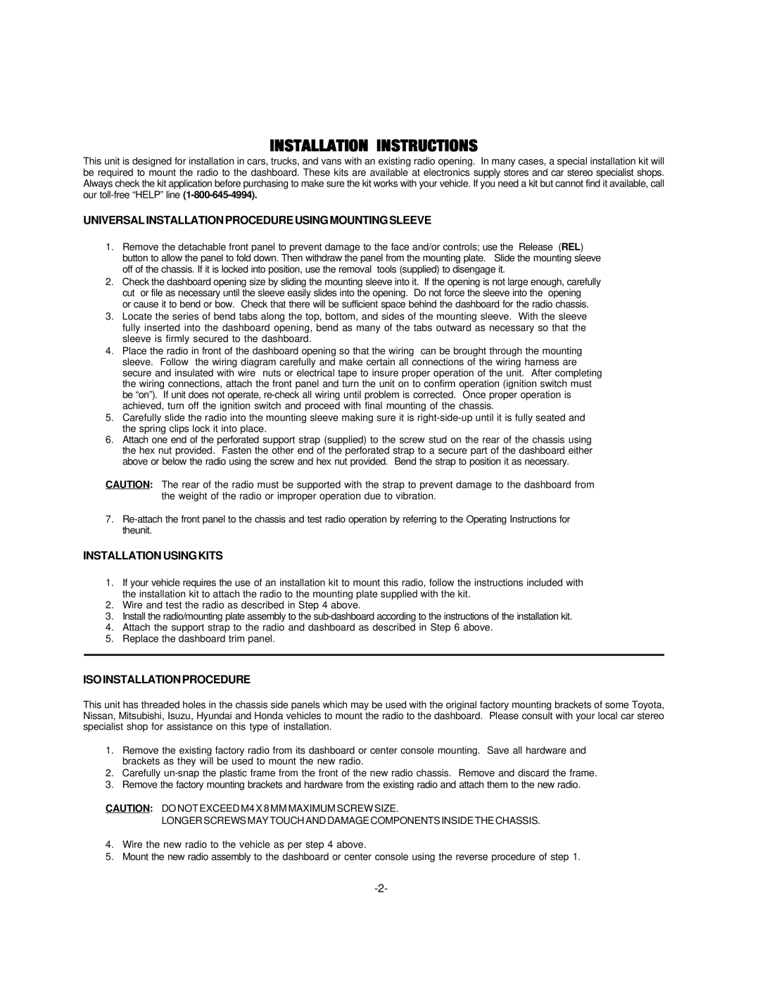 Audiovox PCD- 5 installation manual Installation Instructions, Universal Installation Procedure Using Mounting Sleeve 