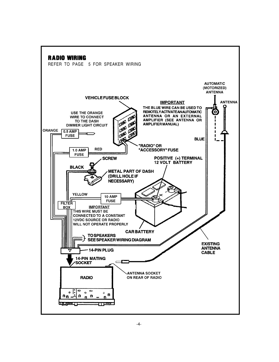 Audiovox PCD- 5 installation manual Radio Wiring 