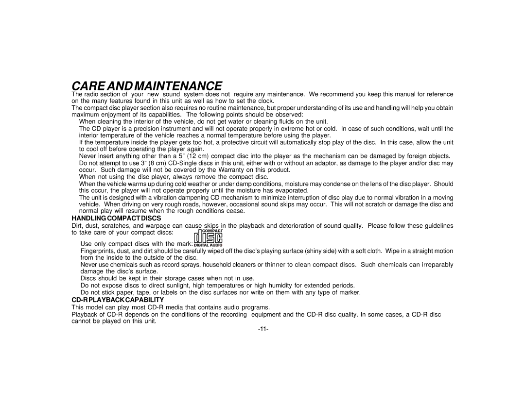 Audiovox PCD-5R manual Care and Maintenance, Handling Compact Discs 