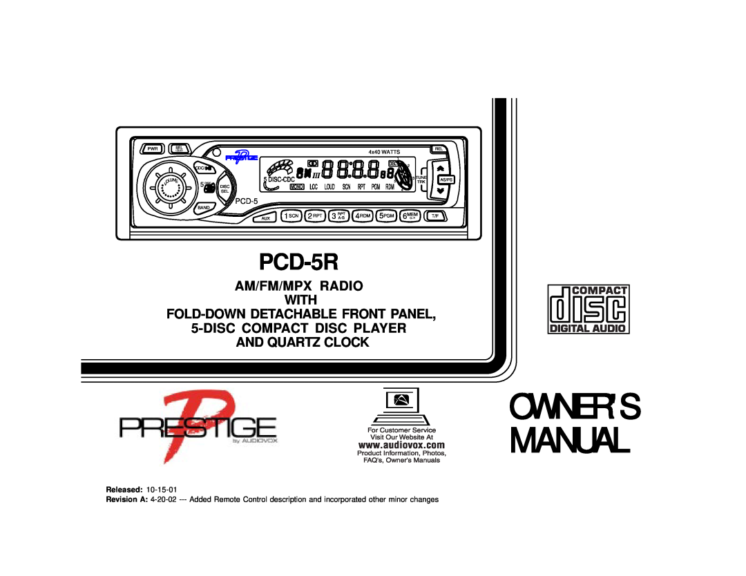 Audiovox PCD-5R manual Am/Fm/Mpx Radio With, And Quartz Clock, Released, 4x40 WATTS 