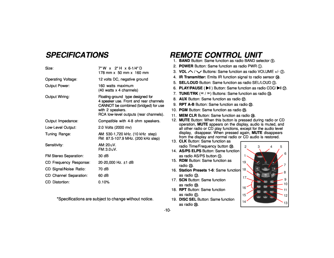 Audiovox PCD-5R manual Specifications, Remote Control Unit, Station Presets 1-6 Same function 
