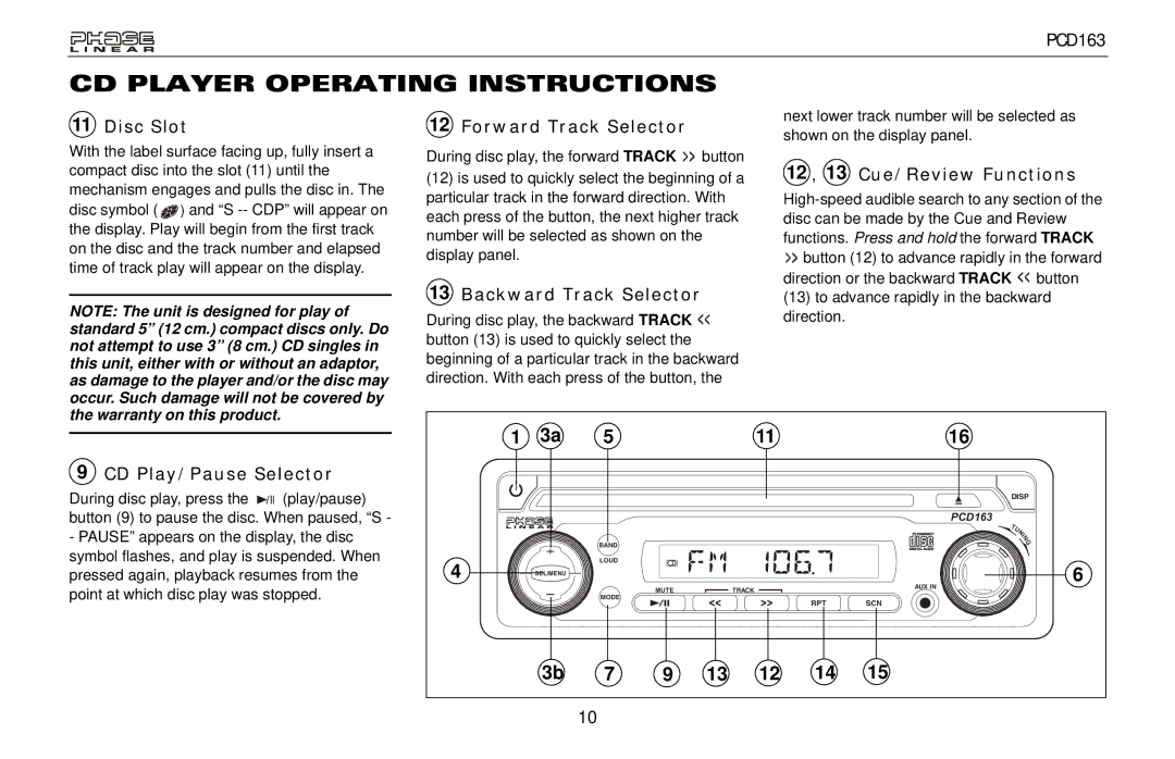 Audiovox PCD163 owner manual CD Player Operating Instructions 