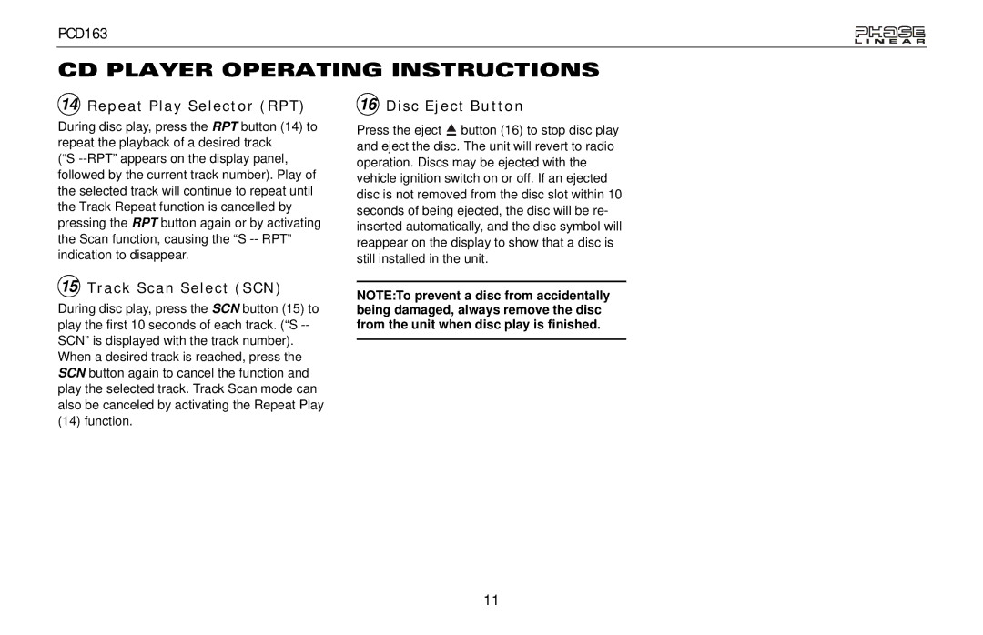 Audiovox PCD163 owner manual Repeat Play Selector RPT Disc Eject Button, Track Scan Select SCN 