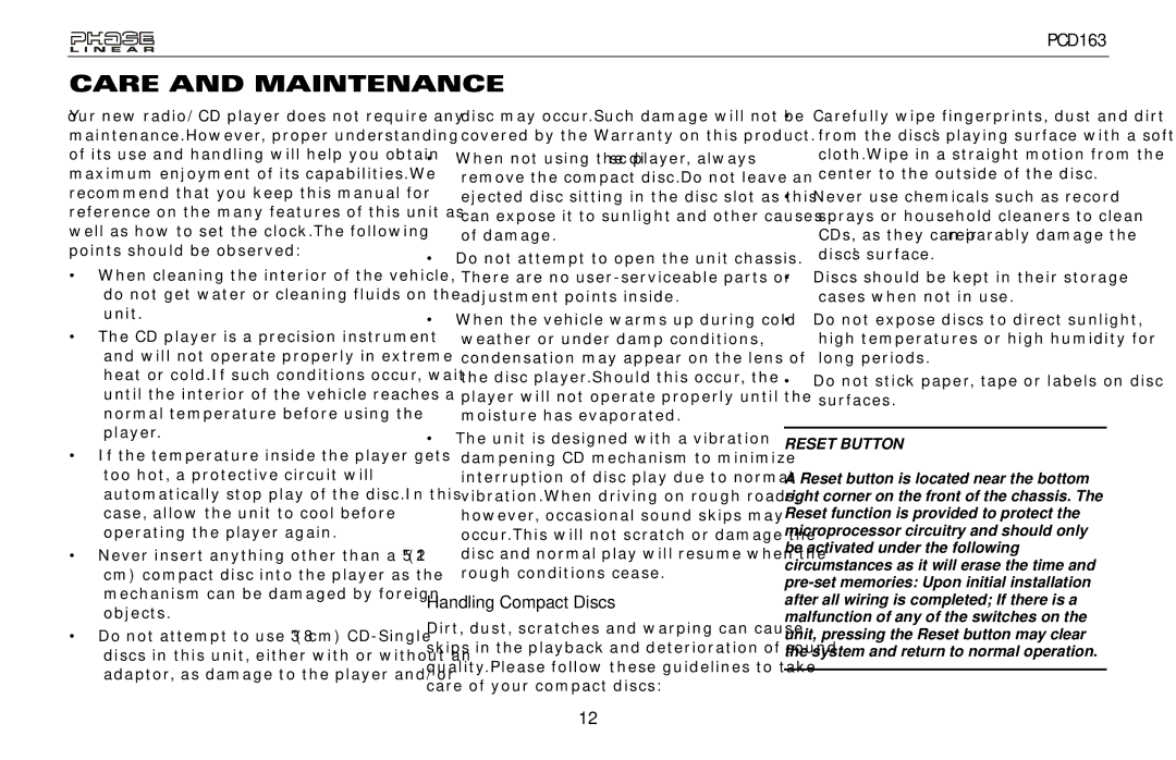 Audiovox PCD163 owner manual Care and Maintenance, Handling Compact Discs 