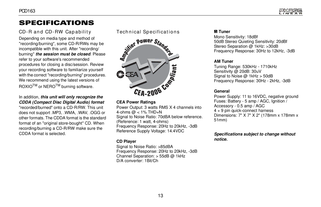 Audiovox PCD163 owner manual CD-R and CD-RW Capability, Technical Specifications 