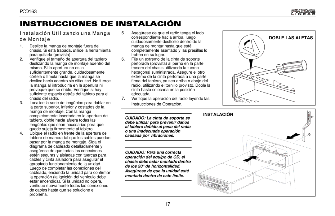 Audiovox PCD163 owner manual Instrucciones DE Instalación, Instalación Utilizando una Manga de Montaje 