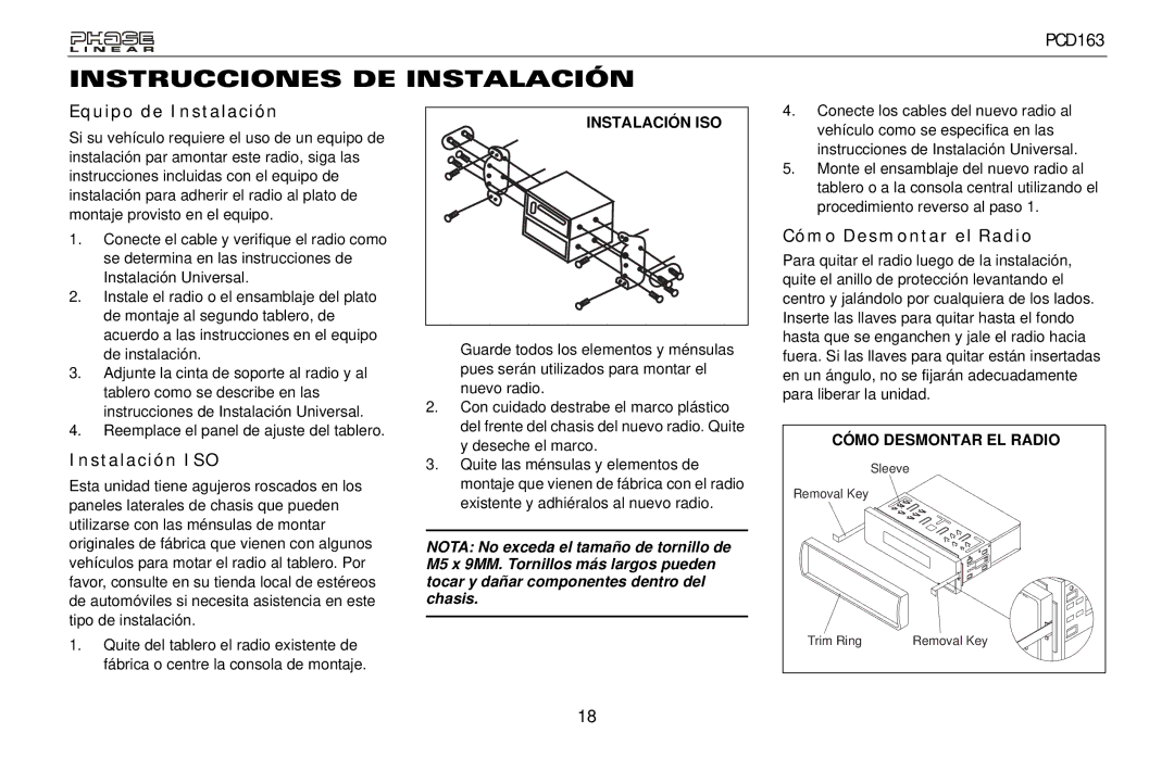 Audiovox PCD163 owner manual Equipo de Instalación, Instalación ISO, Cómo Desmontar el Radio 