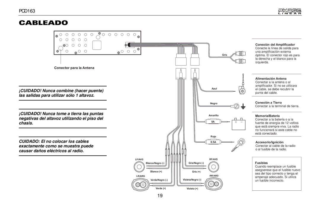 Audiovox PCD163 owner manual Cableado, Fusibles 