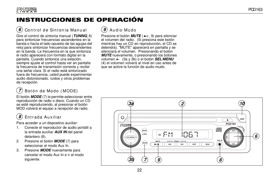 Audiovox PCD163 owner manual Control de Sintonía Manual Audio Mudo, Botón de Modo Mode, Entrada Auxiliar 