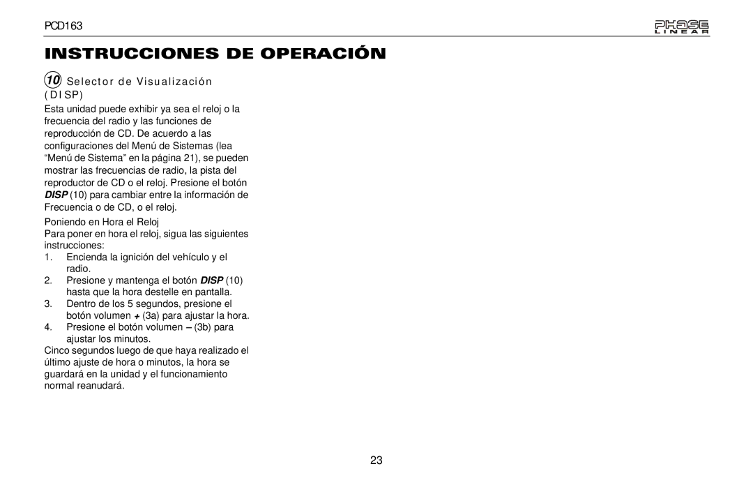 Audiovox PCD163 owner manual Selector de Visualización Disp, Poniendo en Hora el Reloj 