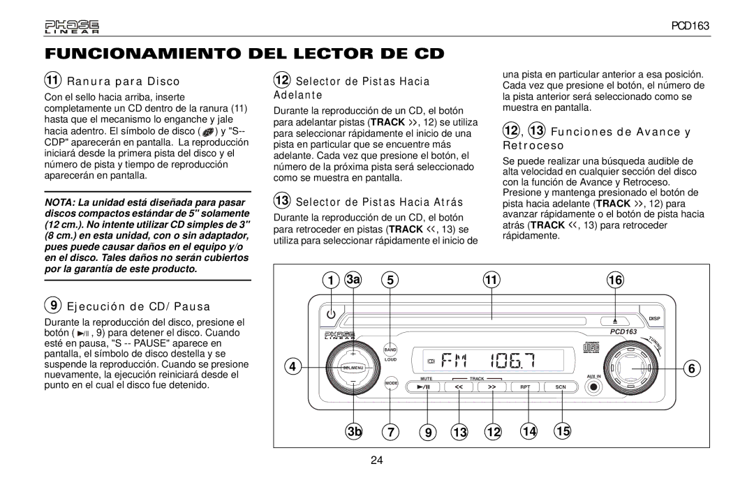 Audiovox PCD163 owner manual Funcionamiento DEL Lector DE CD, Ranura para Disco, 12 , 13 Funciones de Avance y Retroceso 