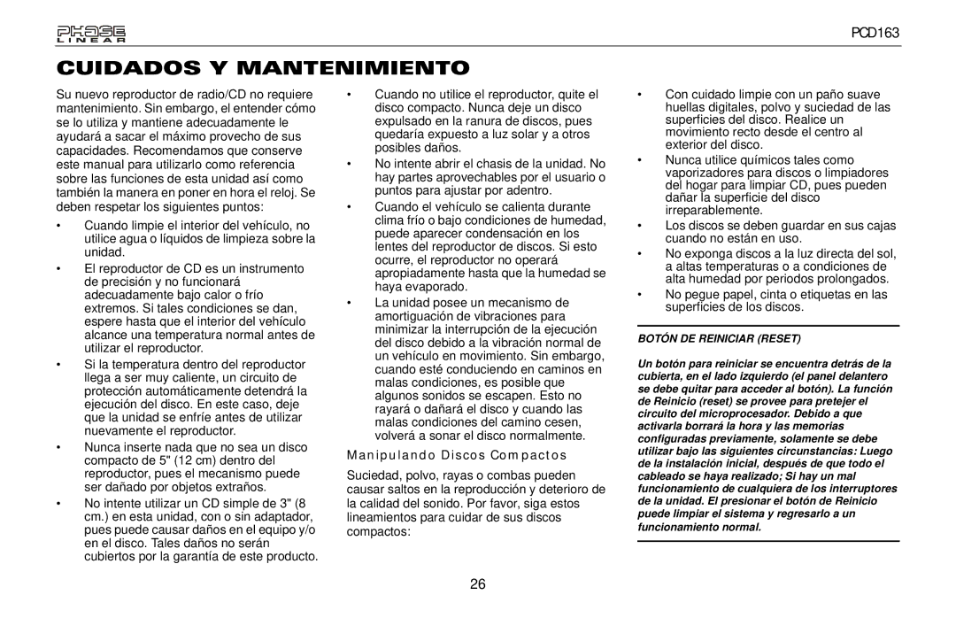 Audiovox PCD163 owner manual Cuidados Y Mantenimiento, Manipulando Discos Compactos 