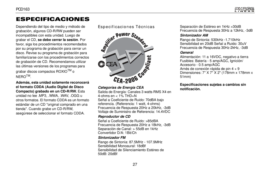 Audiovox PCD163 owner manual Especificaciones Técnicas 