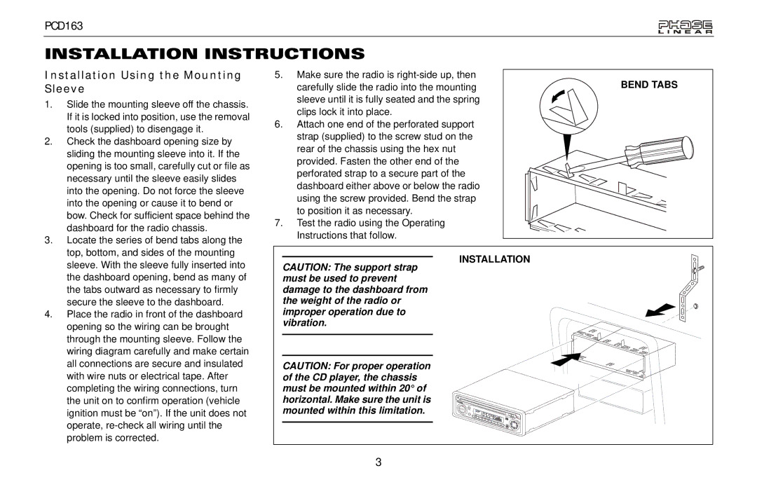 Audiovox PCD163 owner manual Installation Instructions, Installation Using the Mounting Sleeve 