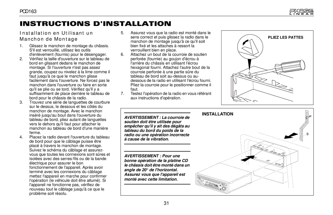 Audiovox PCD163 owner manual Instructions Dinstallation, Installation en Utilisant un Manchon de Montage 