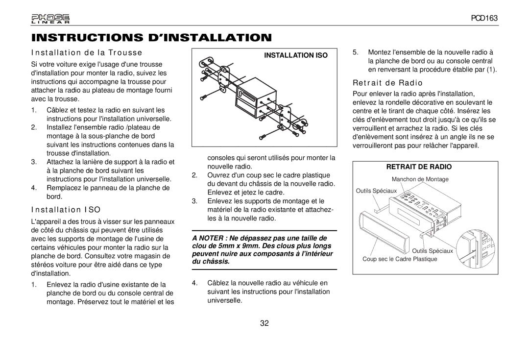 Audiovox PCD163 owner manual Instructions D’INSTALLATION, Installation de la Trousse, Installation ISO, Retrait de Radio 