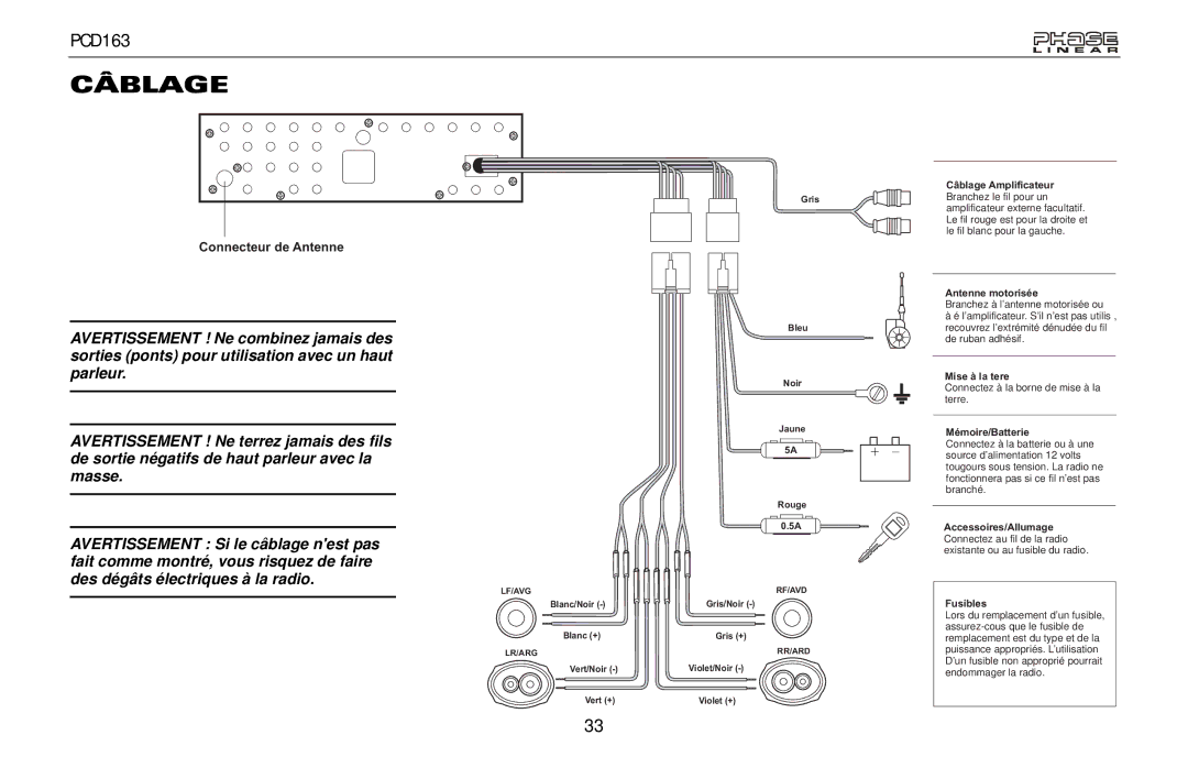 Audiovox PCD163 owner manual Câblage, Mémoire/Batterie 