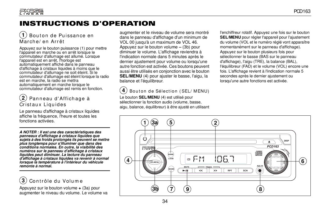 Audiovox PCD163 Instructions Doperation, Bouton de Puissance en Marche/en Arrêt, Panneau dAffichage à Cristaux Liquides 