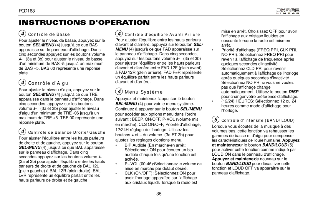 Audiovox PCD163 owner manual Contrôle dAigu, Menu Système, Contrôle de Basse 