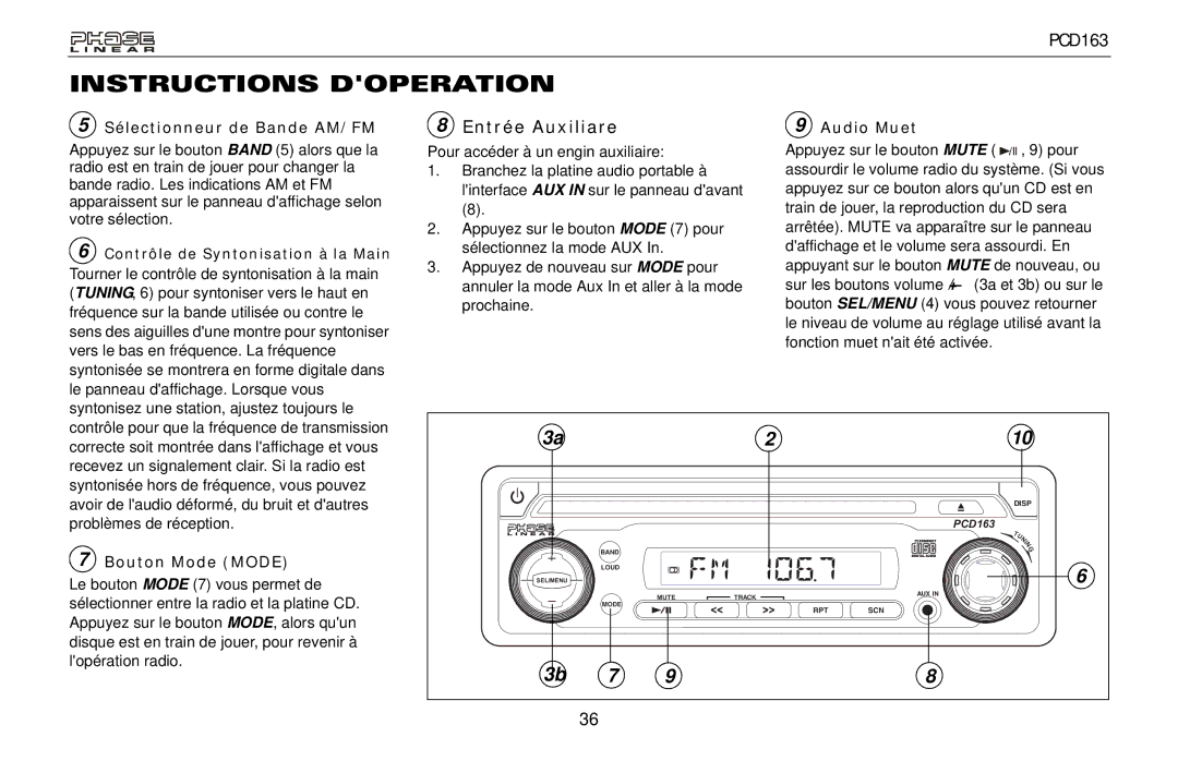 Audiovox PCD163 owner manual Entrée Auxiliare, Sélectionneur de Bande AM/FM, Audio Muet, Bouton Mode Mode 