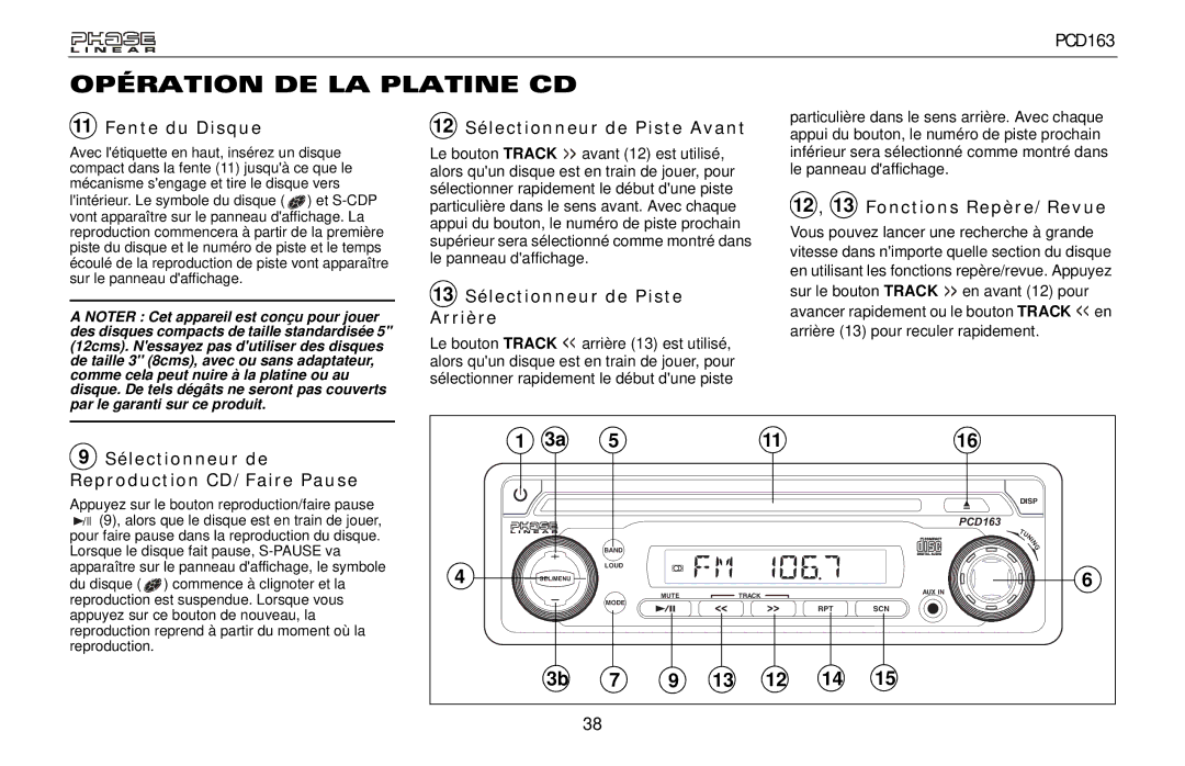 Audiovox PCD163 owner manual Opération DE LA Platine CD, Fente du Disque 12 Sélectionneur de Piste Avant 