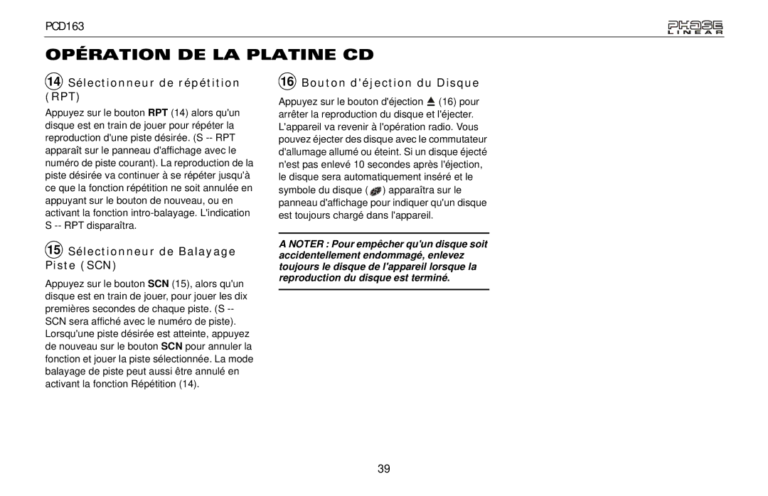 Audiovox PCD163 14 Sélectionneur de répétition RPT, 15 Sélectionneur de Balayage Piste SCN, Bouton déjection du Disque 