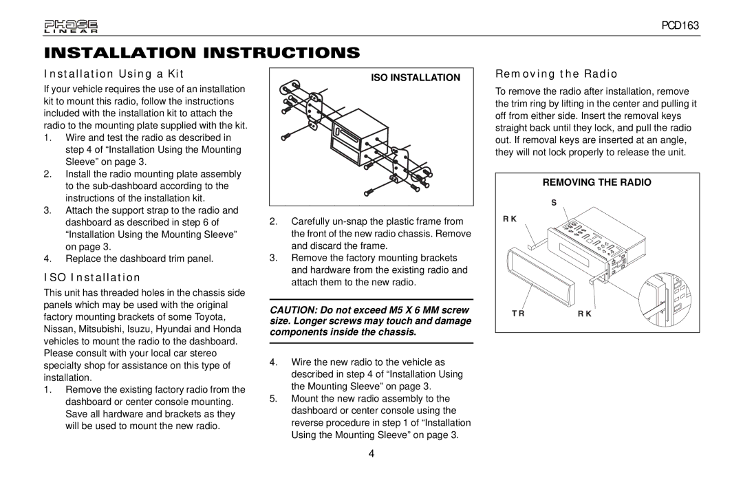 Audiovox PCD163 owner manual Installation Using a Kit, ISO Installation, Removing the Radio 