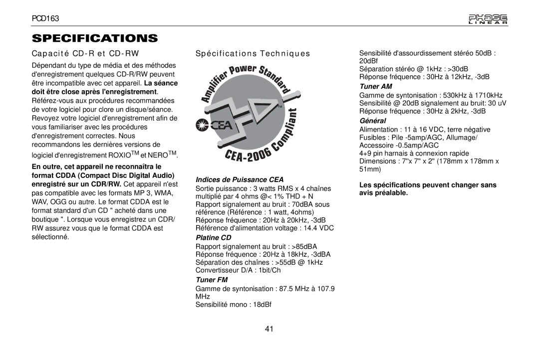 Audiovox PCD163 owner manual Capacité CD-R et CD-RW, Spécifications Techniques 