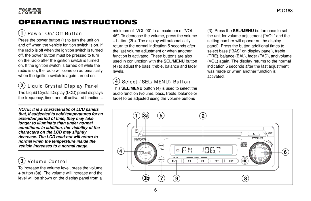 Audiovox PCD163 Operating Instructions, Power On/Off Button, Liquid Crystal Display Panel, Select SEL/MENU Button 