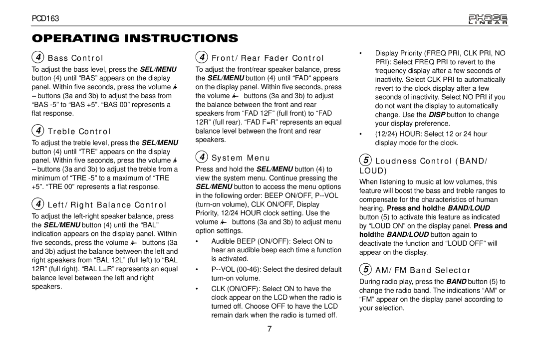Audiovox PCD163 Bass Control, Treble Control, Left/Right Balance Control, Front/Rear Fader Control, System Menu 