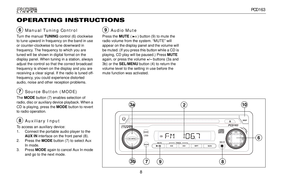 Audiovox PCD163 owner manual Manual Tuning Control Audio Mute, Source Button Mode, Auxiliary Input 